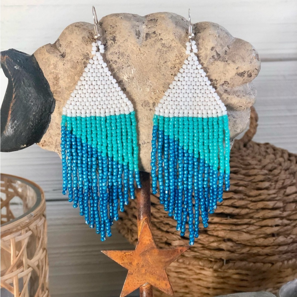 Trendy Blue Beaded Earrings Boho Statement Dangle Festival Jewelry‎ Handmade NEW